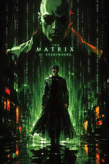 A Matrix-themed digital artwork featuring a figure in a trench coat walking down a green-tinted digital alleyway beneath a large face and the text "THE MATRIX IS EVERYWHERE."
