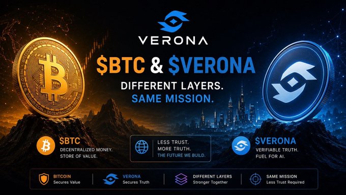 A promotional graphic for Verona cryptocurrency comparing '$BTC & $VERONA - DIFFERENT LAYERS. SAME MISSION,' featuring Bitcoin and Verona coin imagery against a city and mountain backdrop, with descriptions like 'Decentralized Money. Store of Value' and 'Verifiable Truth. Fuel for AI.'