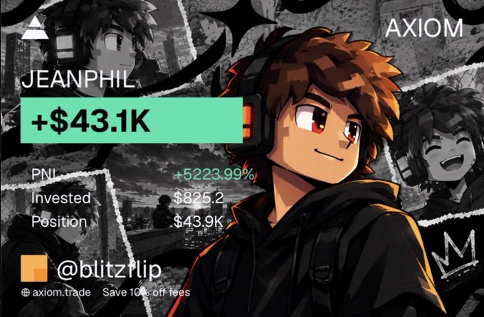 An anime-style promotional graphic for AXIOM featuring a brown-haired character, with text showing 'JEANPHIL +$43.1K', 'PNL +5223.99%', 'Invested $825.2', 'Position $43.9K', and '@blitzrlip'.
