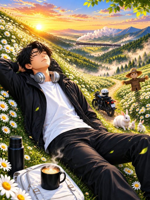 An anime-style illustration of a young man relaxing in a daisy field at sunset, wearing headphones and a black jacket, with a motorcycle, rabbits, a scarecrow, and a coffee mug nearby.