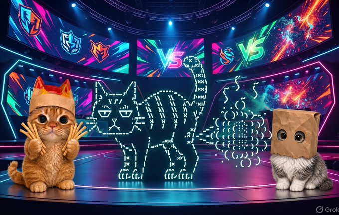 A vibrant, neon-lit esports arena scene features two cats wearing paper bag costumes, with a digital cat outline and 'VS' screens in the background, marked with a 'Grok' watermark.