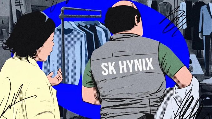 An illustrated scene showing a person from behind wearing a gray vest with 'SK HYNIX' printed on it, standing near another person in what appears to be a clothing store or shop setting.