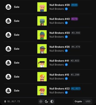 A CryptoPunks marketplace listing shows multiple Null Brokers #30, #36, #38, #40, #41, #15, and #22 listed for sale at prices ranging from #1,298 to #3,592 ETH, supporting the post's claim that the developer sold off their entire NFT collection.