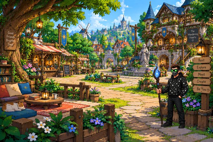 A vibrant fantasy town square features a central stone plaza surrounded by whimsical buildings, flower-filled gardens, and a tavern, with wooden signposts reading "Good Friends Brighten Days," "The Wondering Hearts," and listing options like "Rest," "Explore," "Meet," "Create," and "Be You," while a masked figure in a starry hoodie holds a glowing staff—mirroring the post's vision of an Ethereum community gathering spot to relax, quest, and connect.