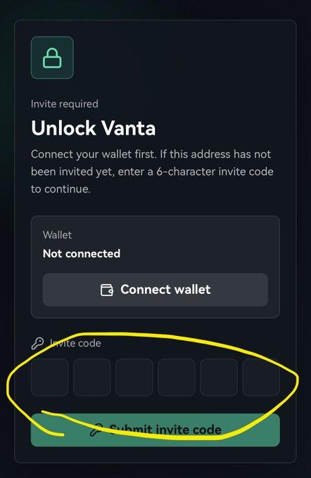 A screenshot of the "Unlock Vanta" invite-only access screen, showing a "Wallet Not connected" status with a "Connect wallet" button and a six-slot invite code entry field—indicating that an invite code is required to access the Vanta exchange platform being discussed.
