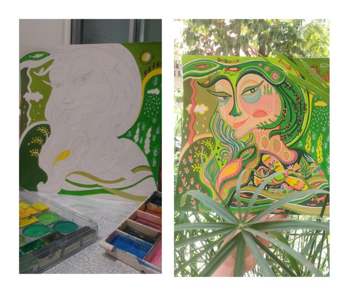 Side-by-side comparison of an artwork in progress: left shows a partially painted green and white sketch of a face surrounded by nature motifs with pastels nearby; right shows the completed vibrant painting being held up, featuring a green-haired woman with colorful flowers, faces, and birds.