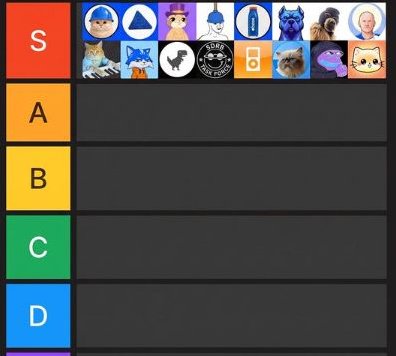 A cropped view of the same tier list from image 8, showing the S tier with the top row of meme icons and the tops of the A through D tier rows.