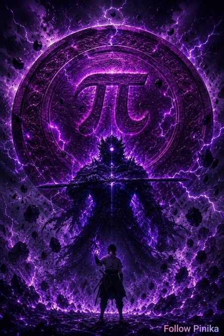 A dramatic digital artwork with a purple color scheme depicting a warrior figure facing a large dark entity with glowing eyes, surrounded by a massive purple energy circle containing the pi (π) mathematical symbol, with 'Follow Pinika' watermark.