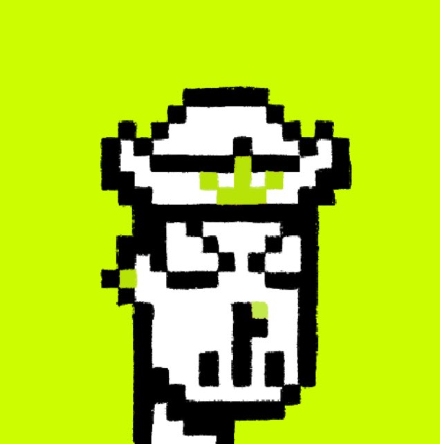 A low-resolution pixel art image of a white character or figure wearing a hat against a bright lime green background.