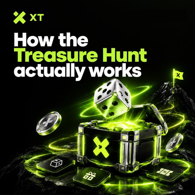 A promotional graphic with the text 'How the Treasure Hunt actually works' and the 'XT' logo, featuring a glowing green treasure chest, dice, and floating app icons against a dark background.