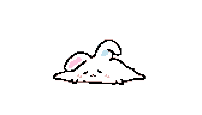 A simple cartoon drawing of a small white bunny-like creature with pink cheeks and blue-tipped ears on a white background.