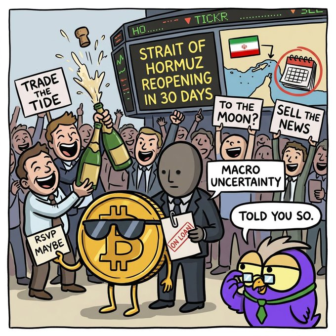 The image features a cartoon scene of people celebrating with champagne bottles, while others hold up signs expressing their opinions about Iran's plans for the Strait of Hormuz. The cartoon includes a man holding a Bitcoin sign, which adds an element of humor to the serious topic at hand. The text in the post mentions that the cryptocurrency market is already rallying and that crypto markets are reacting positively to the news.