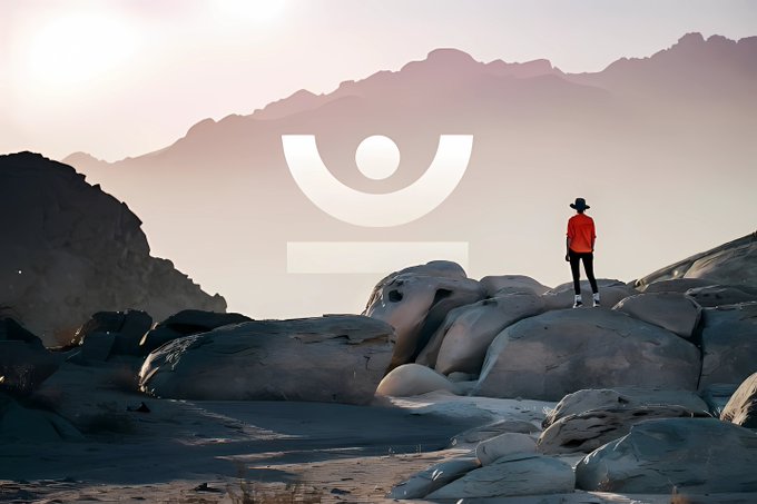 A person in a red shirt and hat standing on rocky terrain in a desert landscape with mountains, with a large stylized eye logo/symbol visible in the sky.
