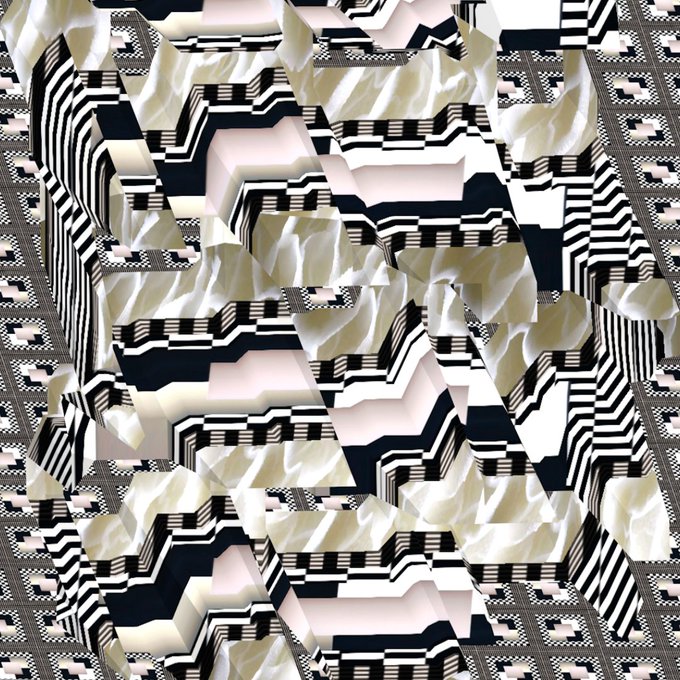 The image showcases an abstract geometric composition with black, white, and pale pink zigzag patterns interspersed with crumpled paper-like textures, reflecting Jon L. Gillie's "Emergent Pattern XI" as part of his "Escaping the Calculating Machine" exhibition supporting Rhizome's 25th anniversary. The chaotic blending of rigid lines and organic forms visually conveys the show's theme of breaking free from computational order.