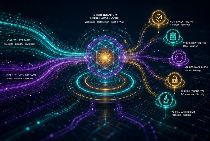 The image illustrates a "Hybrid Quantum Useful-Work Core" diagram, with streams of capital (Allocation, Liquidity, Investment) and opportunities (Ideas, Projects, Ventures) flowing into a central glowing polyhedron, then branching out to verified contributors handling compute/validation, data/curation, model/training, infrastructure/security, and research/insights. This visual aligns with the post's narrative by depicting how capital is routed through specialized "verified" contributors—like NucleusCodes' identity verification and QuipNetwork's compute-to-work conversion—to reach real builders rather than superficial signal-chasers.