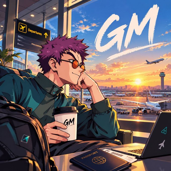 An anime-style illustration shows a purple-haired character with sunglasses holding a coffee cup labeled 'GM' at an airport at sunset, with 'GM' written large in the sky.