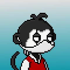 A pixel art style image of a character with black hair, glasses, and a red shirt against a light blue background.