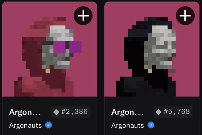 Two pixel art NFT profile pictures of hooded skeleton characters labeled "Argon..." by Argonauts, with prices of #2,386 and #5,768.
