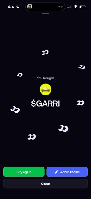 A screenshot from Cash App showing a "$GARRI" purchase confirmation with "You bought" text, options to "Buy again" or "Add a thesis," and a "Close" button, playfully illustrating the joke about sending money for garri (a West African cassava dish) as a crypto investment "to the moon."