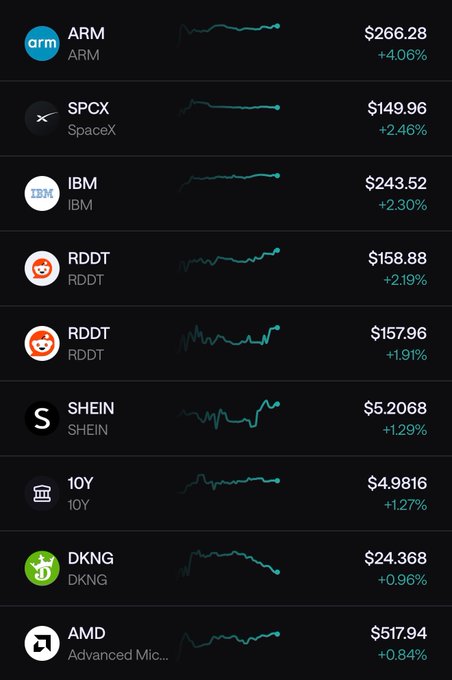 A dark-themed stock tracker showing positive gains for ARM (+4.06% at $266.28), SPCX SpaceX (+2.46% at $149.96), IBM (+2.30%), RDDT, SHEIN, 1OY, DKNG, and AMD (+0.84% at $517.94).