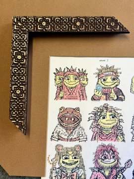 An illustration sheet displaying colorful cartoon monkey characters in various outfits, positioned next to a patterned L-shaped carpenter's square on a brown surface.