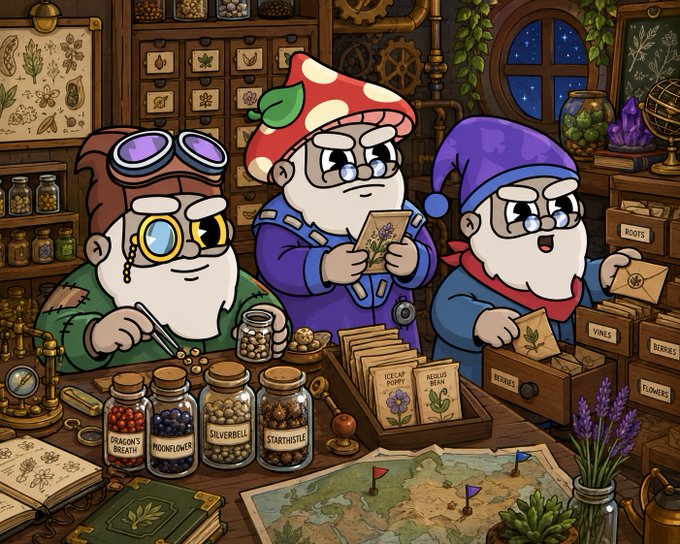 An illustration of three gnome-like characters with glasses and colorful hats working in an apothecary shop, examining jars of herbs and potions labeled with names like 'ICECAP POPPY' and 'JESUS BEAM'.