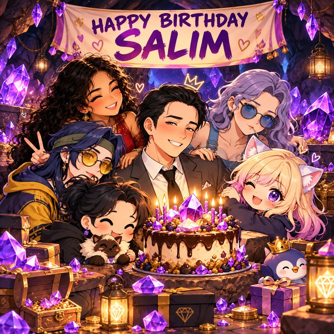 A vibrant digital artwork displays a 'HAPPY BIRTHDAY SALIM' banner above a group of anime-style characters gathered around a birthday cake surrounded by purple crystals.