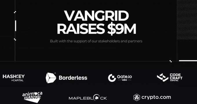 A promotional graphic announcing 'VANGRID RAISES $9M', built with the support of stakeholders and partners. The bottom displays logos for backers including Hashkey Capital, Borderless, Gate.io Labs, CodeCraft Capital, Animoca Brands, Mapleblock, and Crypto.com.