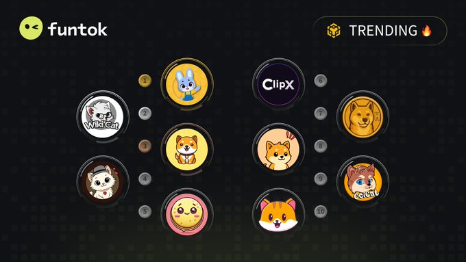 The image displays the Funtok "TRENDING" leaderboard featuring the top 10 trending tokens on BNB Chain, including $MAX at #1, $WKC at #2, and other notable meme coins like $BABYDOGE, $KIND, $CREPE, $CLIPX, $HACHIKO, $BABYBONK, $OCICAT, and $CATE, each represented by their distinctive animal mascot icons.