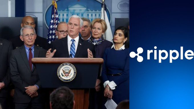 Mike Pence speaks at a White House press briefing alongside officials, paired with the Ripple logo on the right.