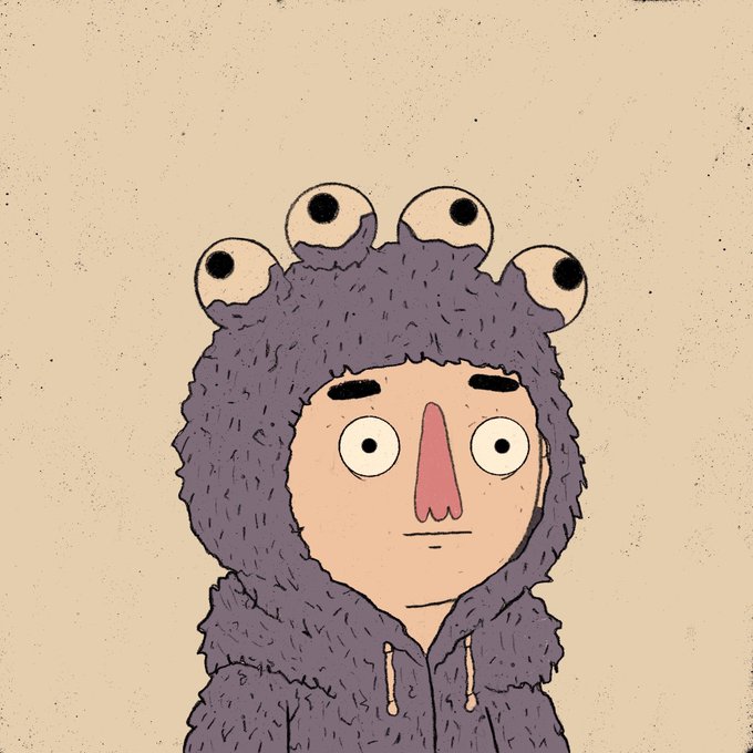 A whimsical illustration of a person wearing a fuzzy purple monster-themed hoodie with multiple googly eyes on top, set against a beige background.