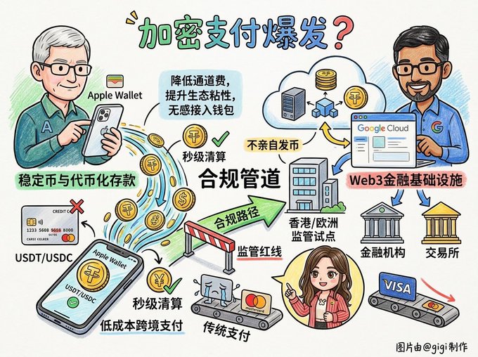 An illustrated infographic in Chinese titled '加密支付爆发?' (Crypto payment explosion?) depicting stablecoins, Web3 financial infrastructure, and compliance pathways involving Google Cloud, banks, and regulators.