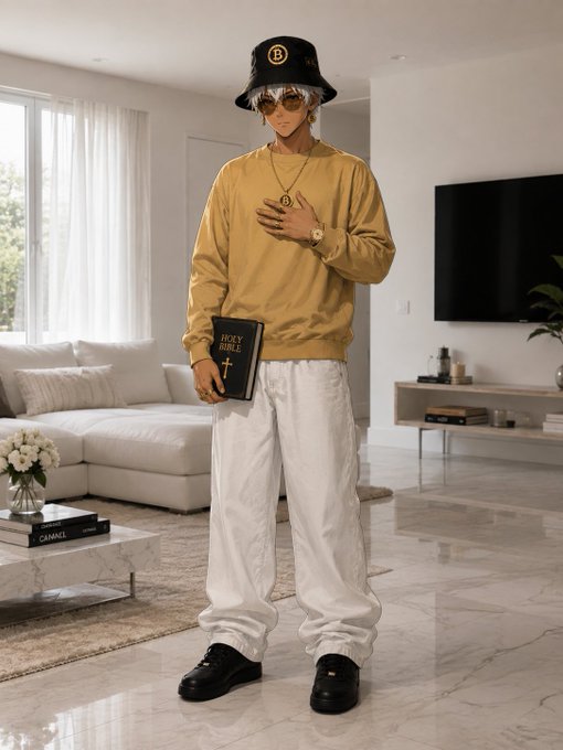 A person standing in a modern living room wearing a yellow sweatshirt, white pants, black sneakers, sunglasses, and a black bucket hat with a 'B' logo, while holding a book labeled 'HOLY BIBLE'.