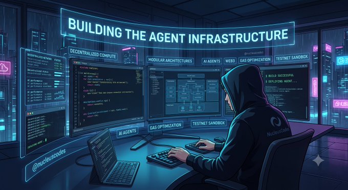 An illustration shows a hooded figure working at multiple computer monitors displaying code, with neon text reading 'BUILDING THE AGENT INFRASTRUCTURE' and labels like 'MODULAR ARCHITECTURES' and 'AI AGENTS'.