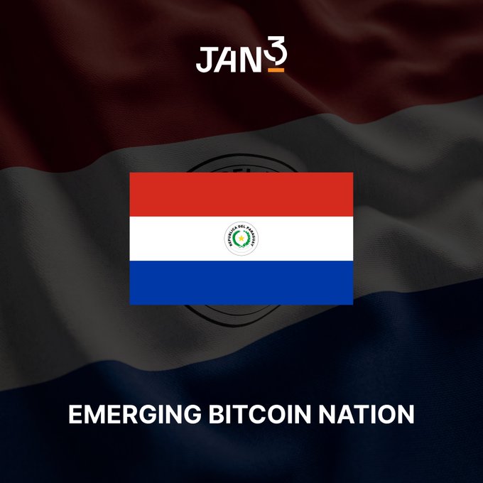 A graphic featuring the Paraguayan flag overlaid on a dark background with 'JAN3' branding at the top and the text 'EMERGING BITCOIN NATION' at the bottom.