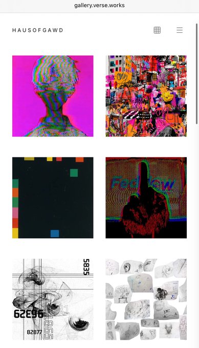 A screenshot of a digital art gallery webpage titled 'HAUSOFGAWD' at gallery.verse.works, displaying a grid of six diverse digital artworks.