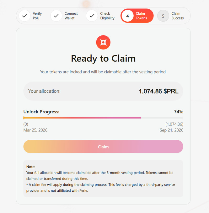 A 'Ready to Claim' screen showing a token allocation of 1,074.86 $PRL with 74% unlock progress, vesting from Mar 25, 2026 to Sep 21, 2026.