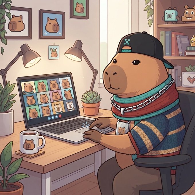 A capybara wearing a cap and chain necklace sits at a desk browsing capybara pixel art on a laptop, with a "GM CT" mug beside it—mimicking the casual "good morning crypto Twitter" vibe while humorously reflecting on the post's question about life without crypto to pay the bills.