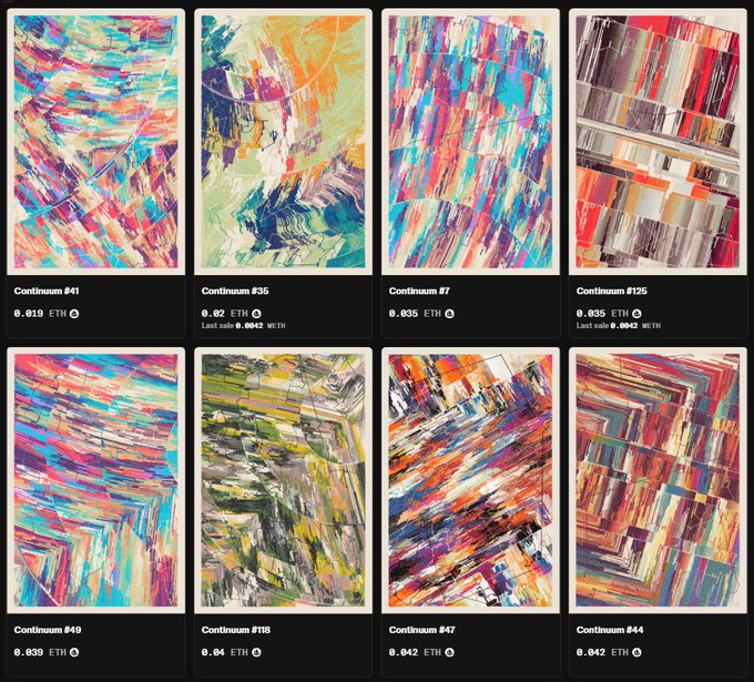 A gallery of eight abstract, colorful digital artworks titled 'Continuum' with numbers like #41, #35, #7, #126, #49, #118, #47, and #44, each priced in ETH (Ethereum), with some marked as 'Last sale'.