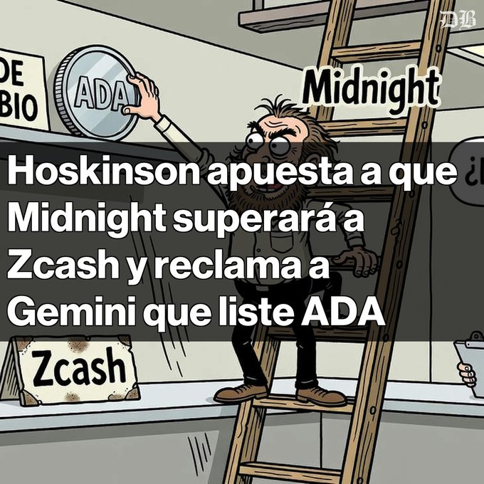 A cartoon illustration showing a bearded character on a ladder switching coins, with Spanish text reading 'Midnight' and 'Hoskinson apuesta a que Midnight superará a Zcash y reclama a Gemini que liste ADA', alongside logos for ADA, DEBIO, and Zcash.