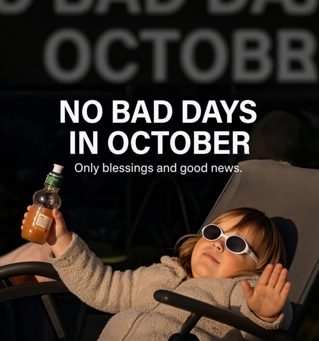 A child wearing sunglasses relaxes in a chair holding a bottle, with text overlay reading 'NO BAD DAYS IN OCTOBER - Only blessings and good news.'