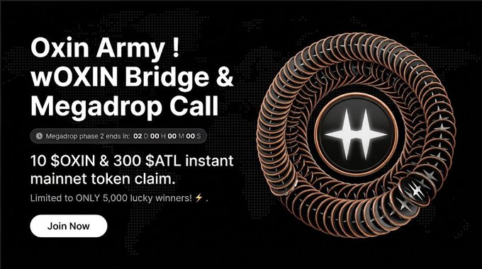 A promotional banner for "Oxin Army! wOXIN Bridge & Megadrop Call" featuring a copper-colored coiled rope design with a glowing star emblem, announcing Phase 2 of the OXIN × AI Technology Labs mega airdrop with a countdown timer (02 days 00 hours) for participants to claim 10 $OXIN and 300 $ATL mainnet tokens, limited to 5,000 winners.