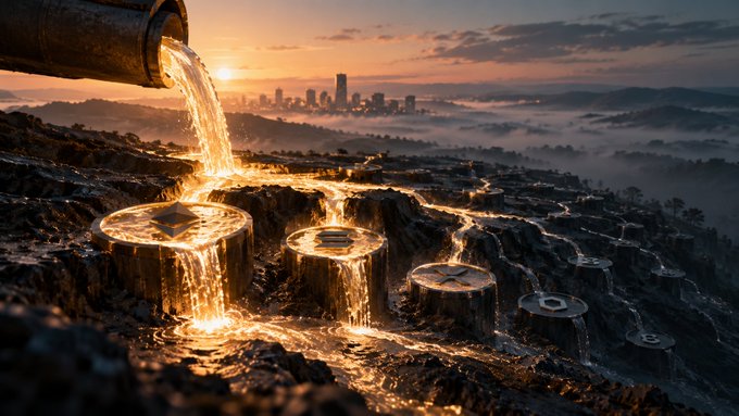 A digital artwork depicting golden liquid pouring from a pipe onto cryptocurrency coins with a city skyline and sunset in the background.