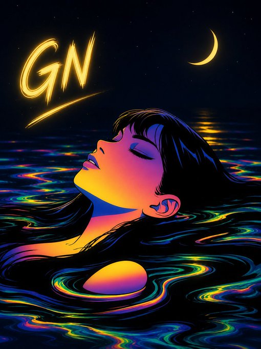 A colorful neon-style digital illustration of a woman floating in dark, iridescent water under a crescent moon, with 'GN' (Good Night) written in glowing yellow text.