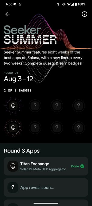 A mobile screenshot of the "Seeker Summer" app event on Solana, showing Round 03 (Aug 3-12) with progress on 2 of 8 badges, including Titan Exchange marked as "Done".