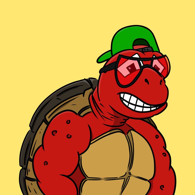 Cartoon illustration of a muscular red turtle wearing a green backward cap and red sunglasses, grinning against a yellow background.