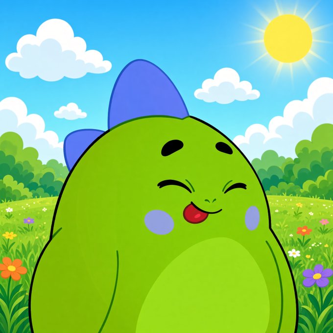 A cute green cartoon dinosaur with a blue bow smiles contentively with closed eyes against a sunny meadow background with white clouds and colorful flowers.