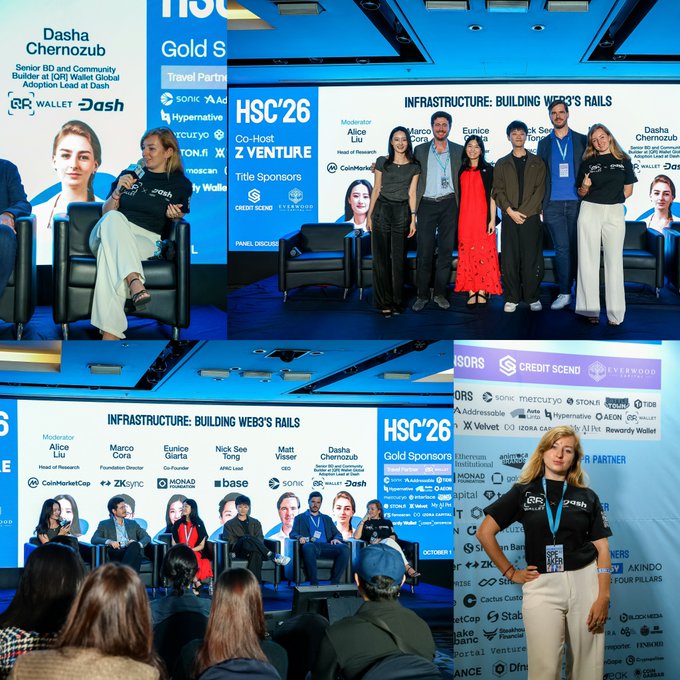 Photos from HSC '25 conference panel discussions on 'BUILDING WEB3'S RAILS' with speakers Alice Liu, Marco Cora, Eunice Giarta, and Dasha Chernouzub (Senior BD and Community Builder at QR Wallet Global Adoption Lead at Dash).