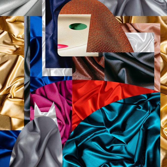 A vibrant collage of silk fabric swatches in bold colors like gold, teal, magenta, and royal blue, arranged in a geometric composition that evokes the sleek, luxurious aesthetic of the "Cat Woman" artwork by Transient Labs. The abstract textures and flowing forms mirror the playful, avant-garde spirit hinted at in the accompanying post.