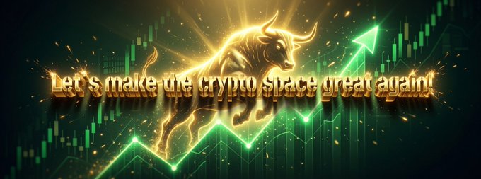 A digital graphic featuring a glowing golden bull charging upward against a backdrop of green stock charts, with the text "Let's make the crypto space great again!" in bold gold lettering.